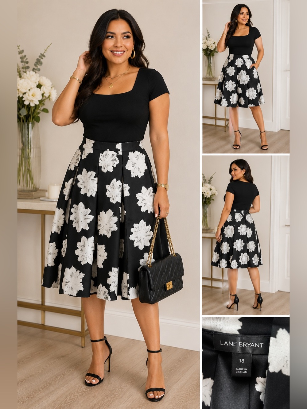 Lane Bryant Black and White Floral Circle Skirt